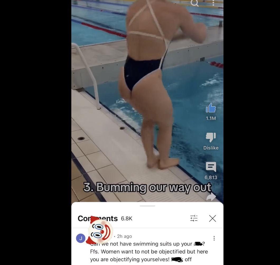 screenshot - 1.1M Dis 6,813 3. Bumming our way out Contents 2h ago Can we not have swimming suits up your Ffs. Women want to not be objectified but here you are objectifying yourselves! off